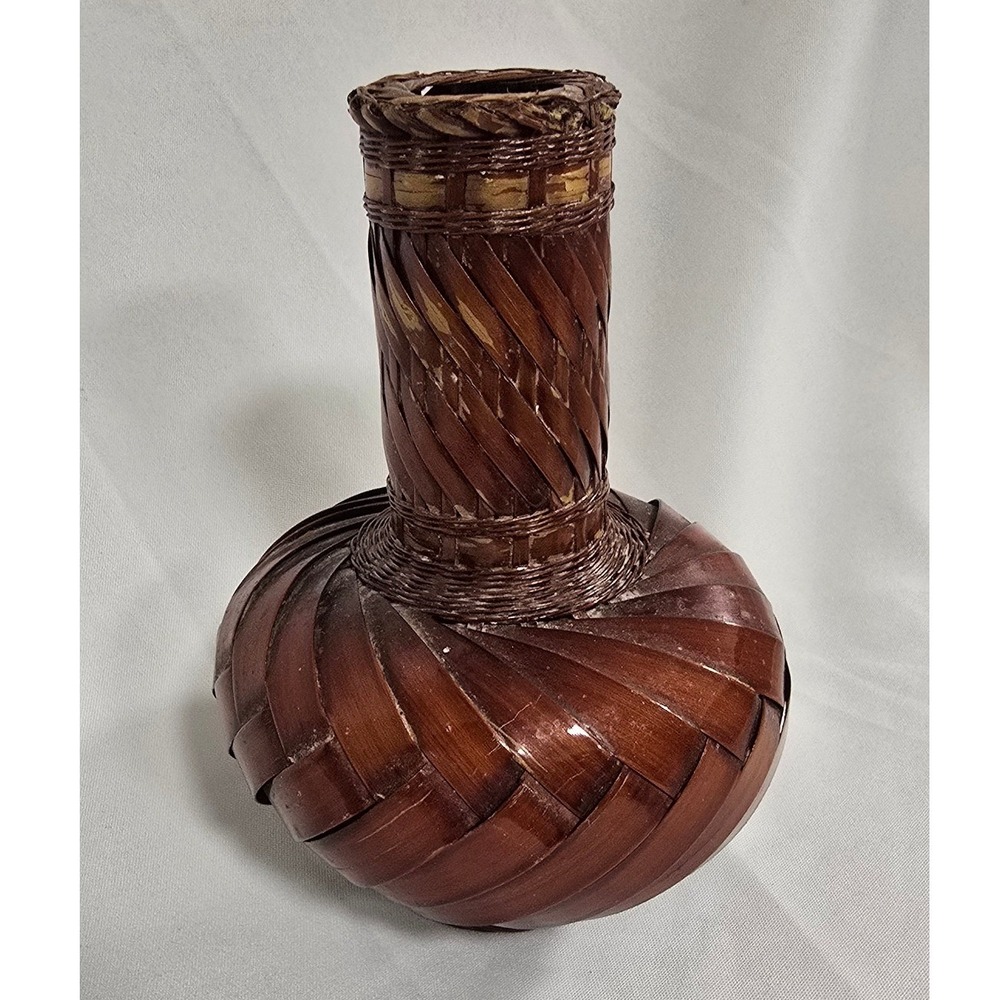 Vtg Wicker & porcelain insert vase mid century‎ boho cottagecore rustic Decor